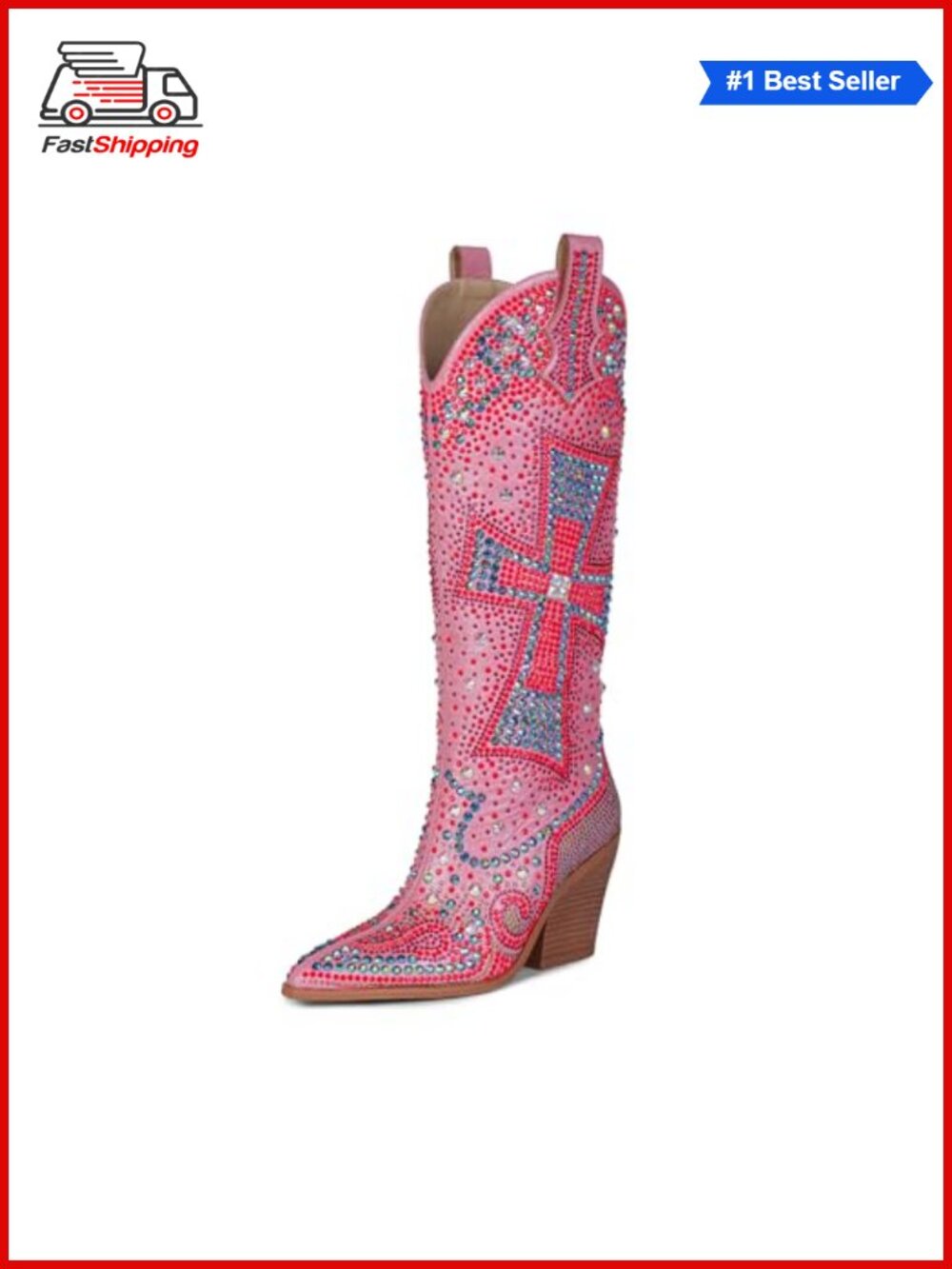 ✨ Rhinestone Western Cowboy Boots Knee High Faux Leather Cowgirl Boots